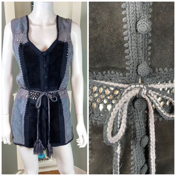Vintage 70s Suede Leather Crochet M Patchwork Vest Gilet Rochelle California - Picture 1 of 15